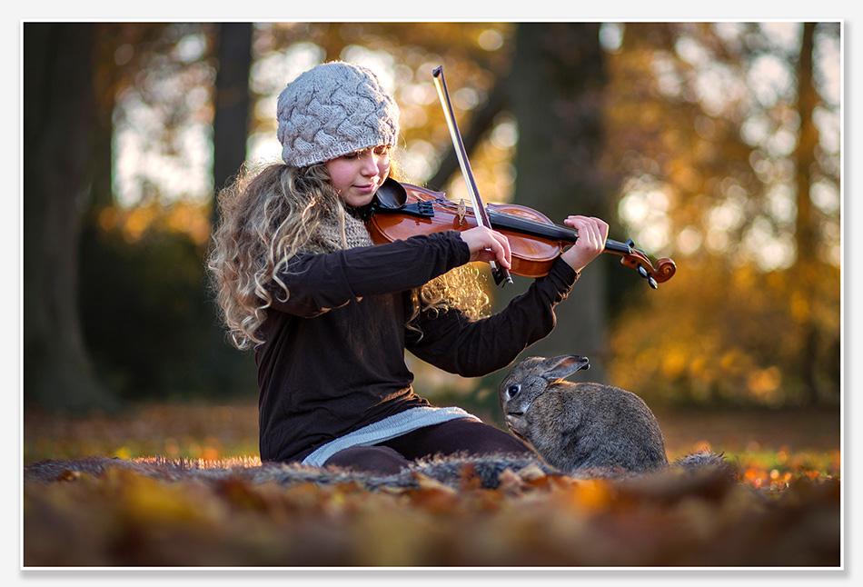 Kinderfotografie met konijn en viool in Vught
